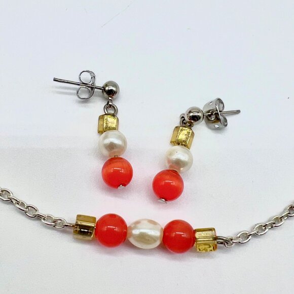 Handmade Orange Bead Faux Pearl Necklace & Earrings Set Gold Accents - Picture 10 of 11